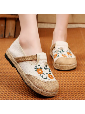 Grey Embroideried Flats Cotton Linen Fabric Boutique  Flat Feet Shoes