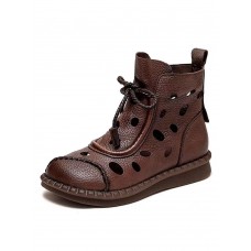 Casual Hollow Out Boots Brown Cowhide Leather