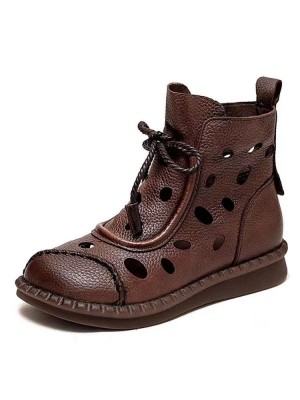 Casual Hollow Out Boots Brown Cowhide Leather