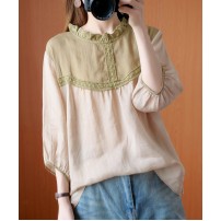 Handmade Peter pan Collar patchwork lace clothes For Women nude blouses