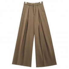 Women Pure Color High Elastic Waist Simple Wide Leg Pants With Pocket