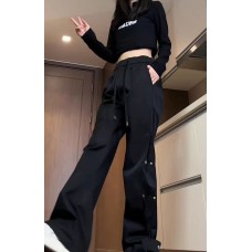 Women Cotton Solid Color Button Side Pocket Elastic Waist Wide Leg Pants