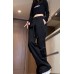 Women Cotton Solid Color Button Side Pocket Elastic Waist Wide Leg Pants