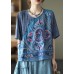 Style Pink Print Side Open tie Summer Linen Blouses Half Sleeve