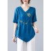 Women Blue Asymmetrical  Shirt Tops Half Sleeve