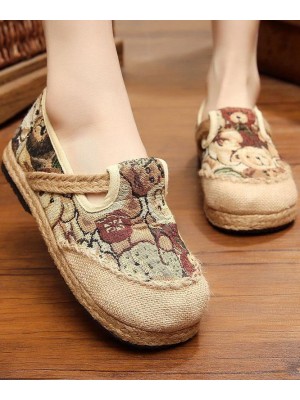 Green Little bear Cotton Linen Flat Shoes