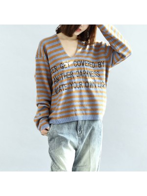 Stylish striped cotton sweaters blue and khaki warm pullover knit sweaters