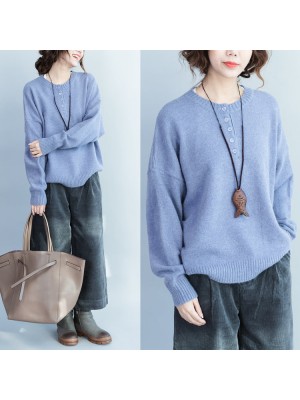 lavender thick warm woolen knit pullover neck front button loose batwing sleeve sweater