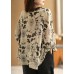 Art Beige Print Asymmetric Top Cotton Linen V Neck