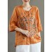 Plus Size Orange Embroideried Oriental Ramie Top Summer