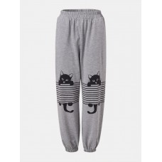 Women Stripe Cartoon Cat Print Elastic Waist Jogger Pants